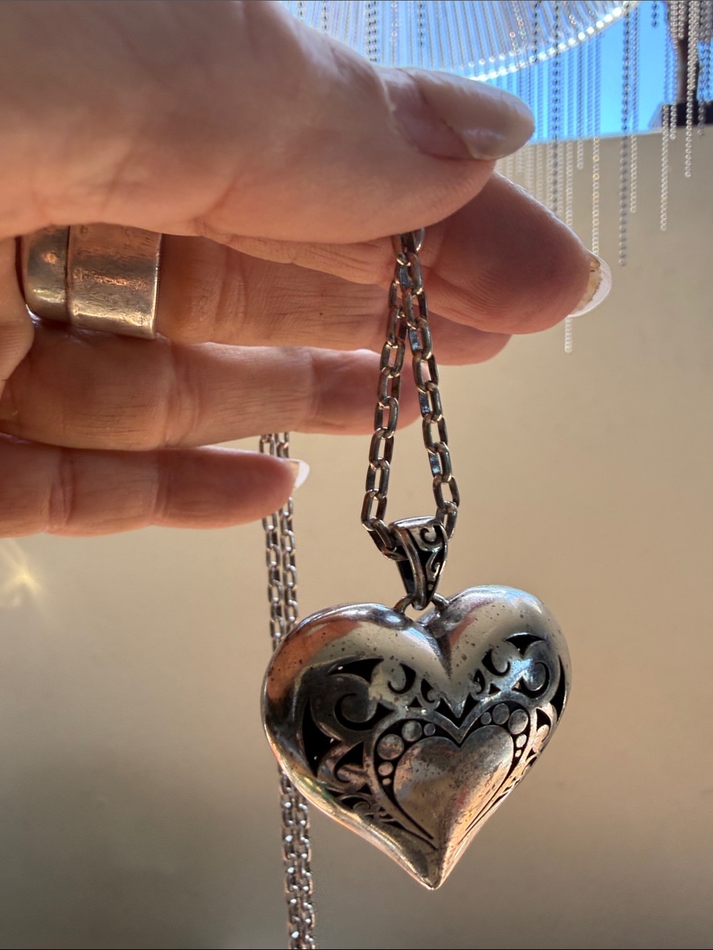 Brighton silver necklace heart pendant with intricate filigree and scrollwork